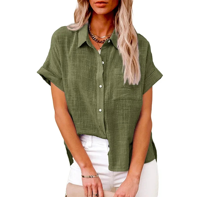 Women's Cotton-Linen Blouse — Loose Short-Sleeve Casual Summer Top