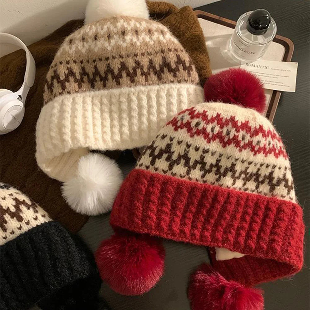 Women Winter Hat - Thickened Warm Beanie With Ear Protection Cold Proof Knitted Cap For Christmas Gifts Red Grey