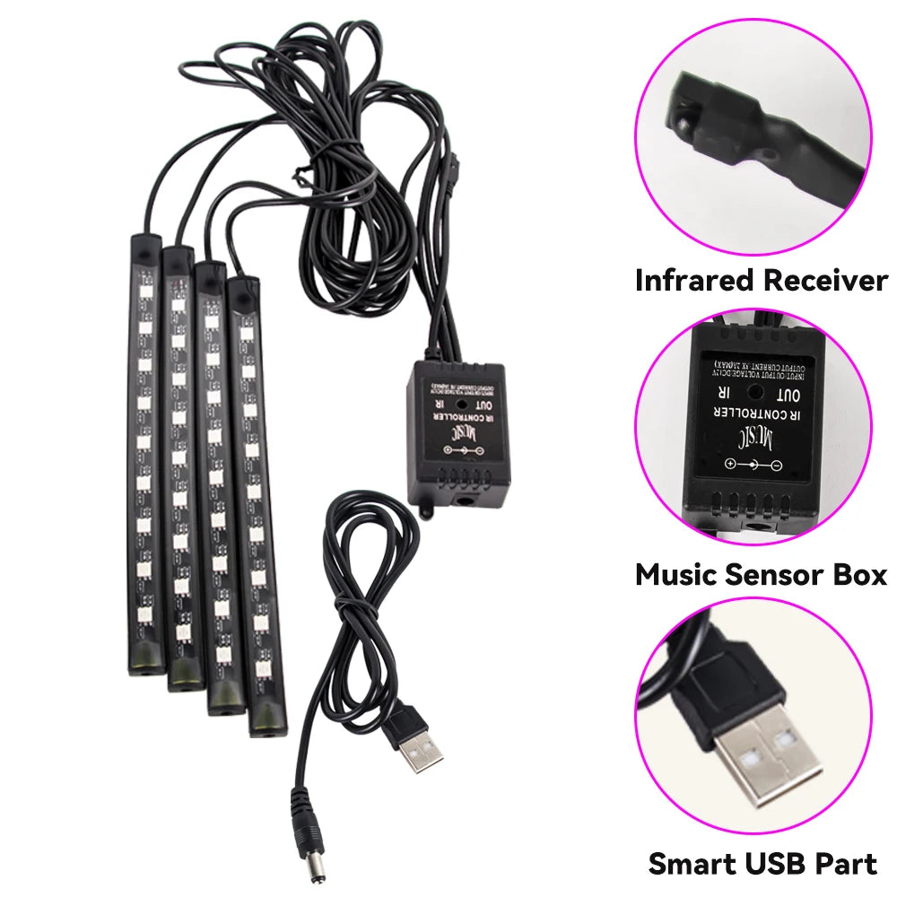 RGB LED Car Interior Ambient Light Strip – 36/48/72 LED Remote & App Music Control | USB or Cigarette Lighter | Atmosphere Foot Light