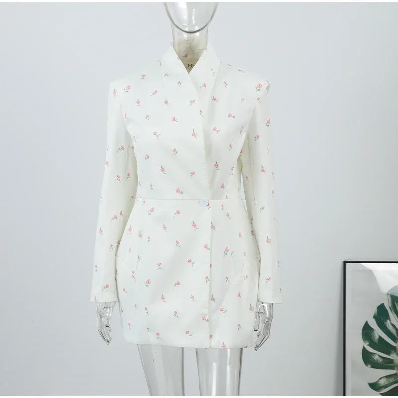 Women Cross Collar Floral Jacket Coats Stand Neck Waist Cinching Single Breasted Pad Shoulder Coats Lady Spring Chic Outwear Top