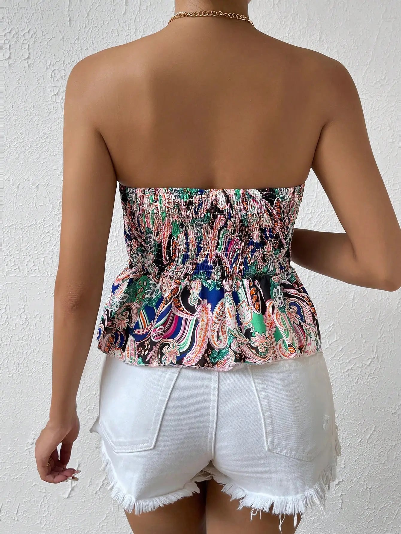 Cross border hot selling for European American women full width printed irregular hem sexy strapless collection summer top