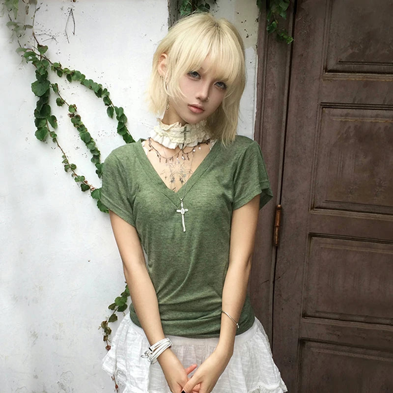 Karrram Japanese Y2k Green Knitted T-shirt Trashy 2000s Style V-neck Top Vintage Harajuku Short Sleeve Tee Shirt American Retro