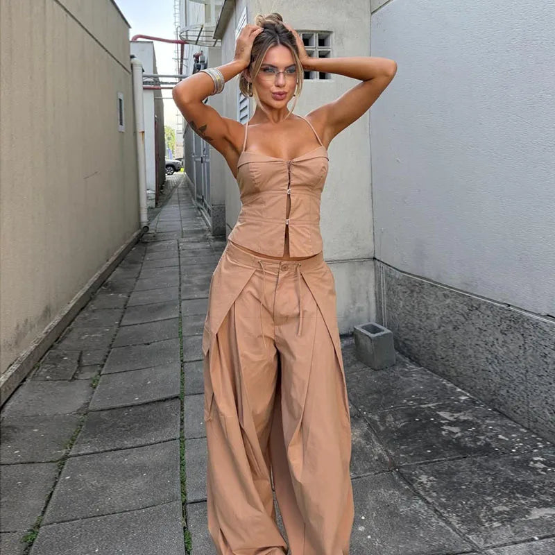 Corset Cami & Pleated Wide-Leg Pants Set — Y2K 2-Piece