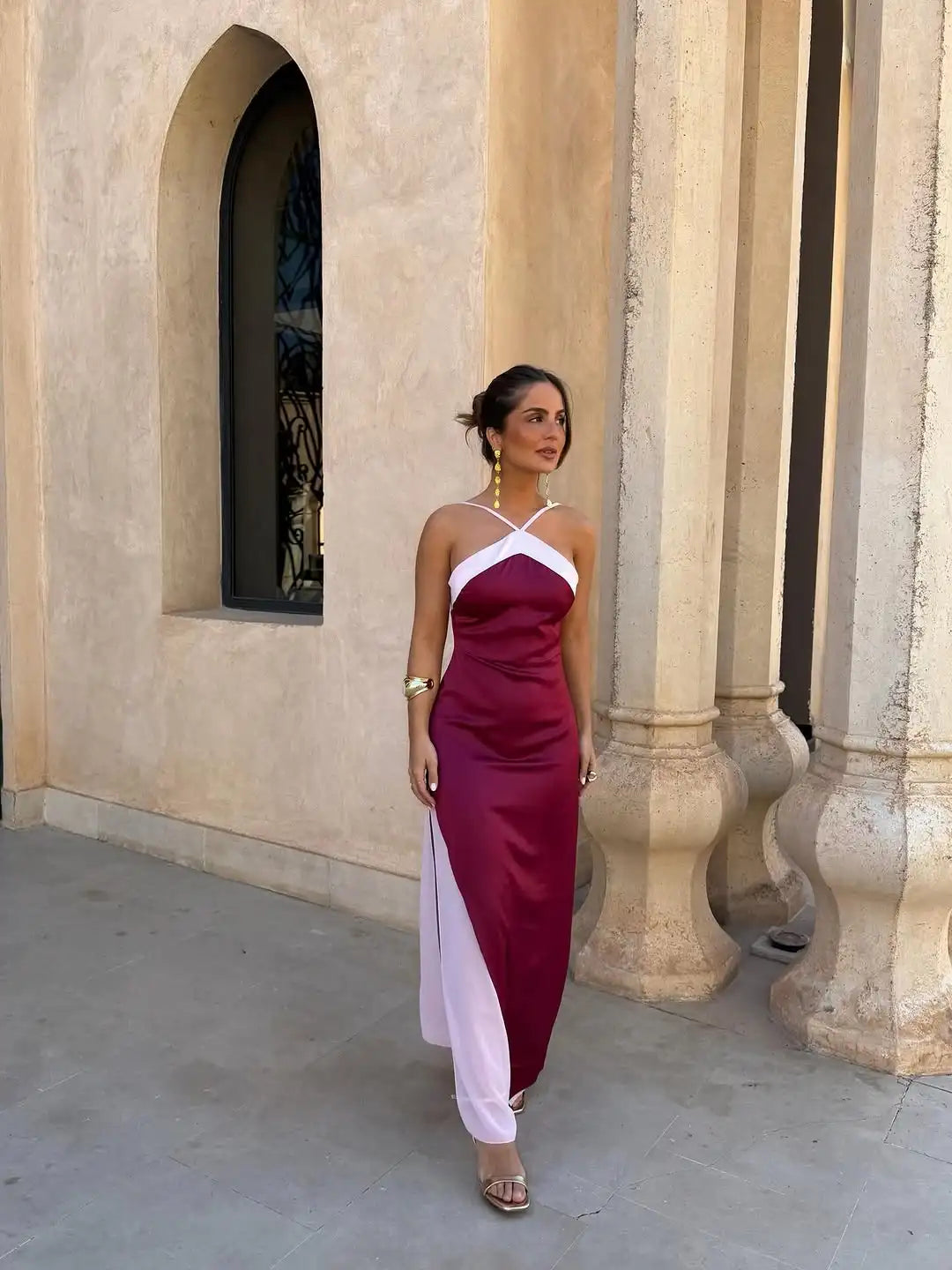 Women's Color-Block Halter Maxi Dress — Backless Off-Shoulder Party Gown