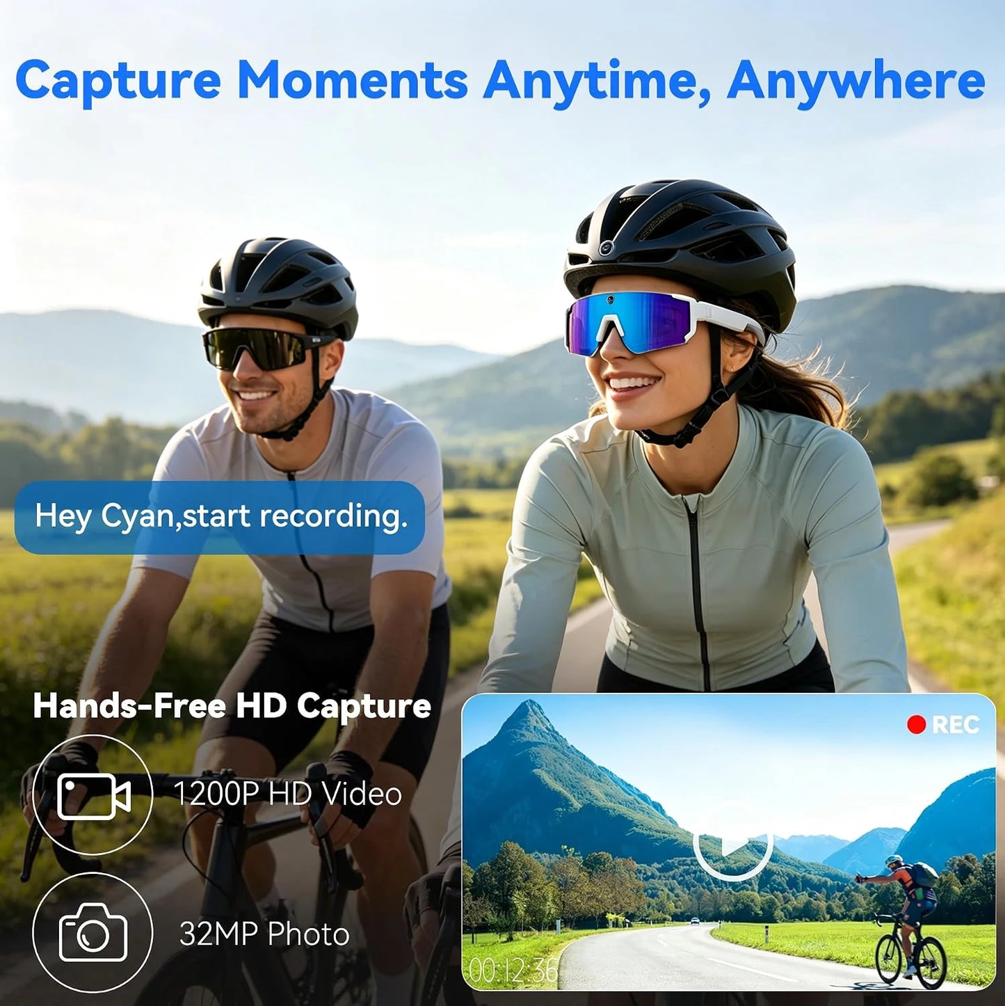 Smart Camera Glasses — 1200P Anti-Shake Video for Cycling