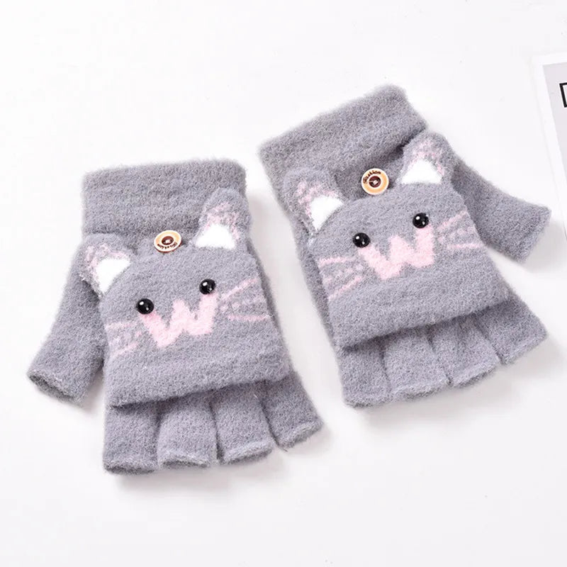 Kids Flip-Top Faux Fur Mittens - Cartoon Knit Winter Gloves - photo 7