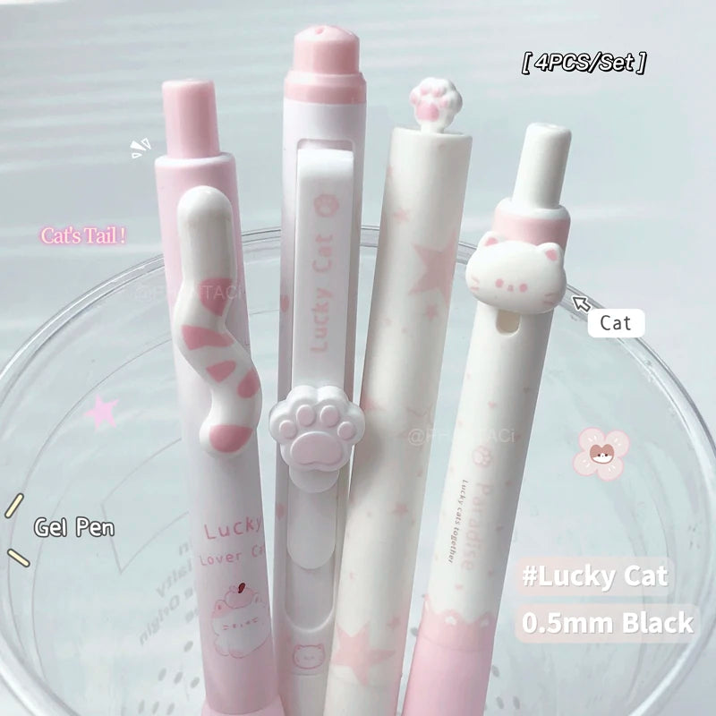 4PCS Lucky Cat Style Gel Pen For Students 0.5mm Black Pen Creative Cat's Tail Cat's Paw Writing Pen Office Supplies New