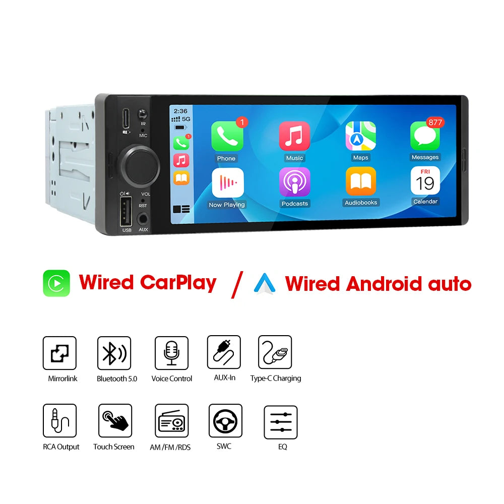 6.5 Inch 1Din MP5 Player Stereo Wireless Carplay Android Auto Airplay Car Radio Bluetooth FM EQ Type-C PD3.0 Fast Charging