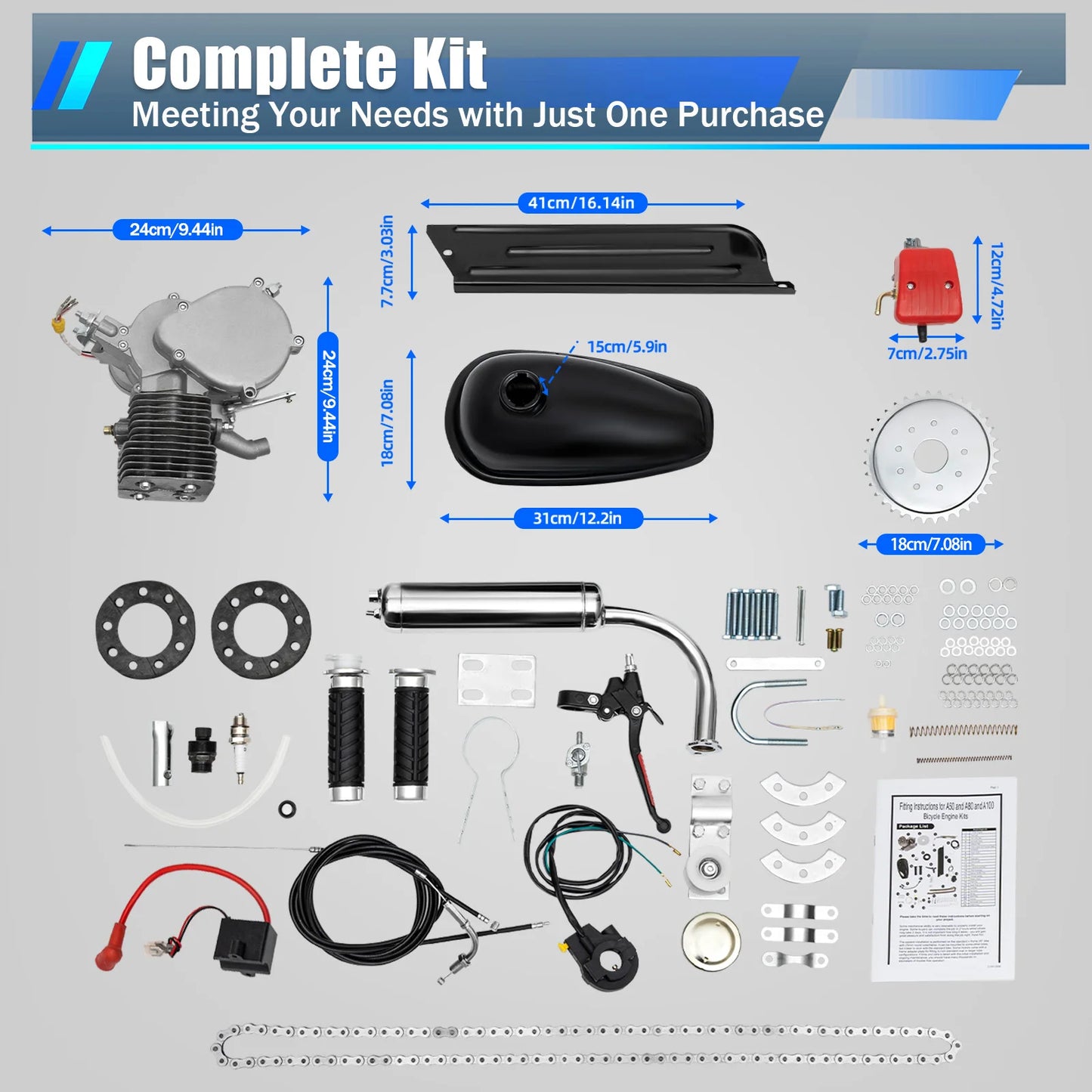 2-Stroke 100cc Bicycle Gasoline Engine Kit,36/44 Teeth Gas Motor,Petrol Engine W/ Air-Cooling System for Most 26" Or 28" Bike