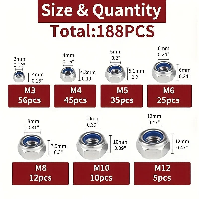 188/230/300pcs 304 Stainless Steel Lock Nut Assortment Kit  Metric Nylon Insert Locknut M3 M4 M5 M6 M8 M10 M12