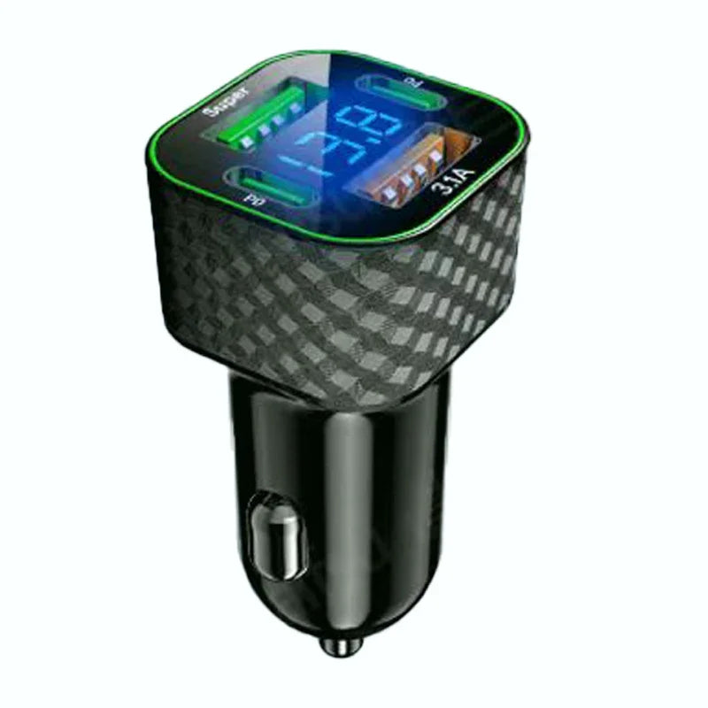 USB-C Car Charger 4-in-1 Dual PD Fast Charge with Voltage Display – iPhone, Samsung, Xiaomi
