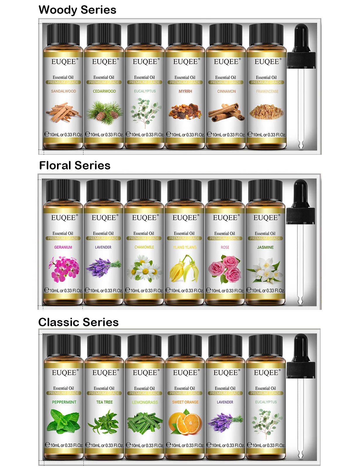 EUQEE Essential Oils Aromatherapy Gift Set-6pcs Pure Aroma Oils for Diffusers DIY Scented Product Lavender Eucalyptus Rose 10mL