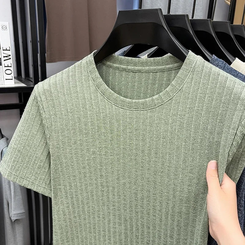Men's Vertical Ribbed Tee - Crew Neck, Soft Elastic Daily Fabric