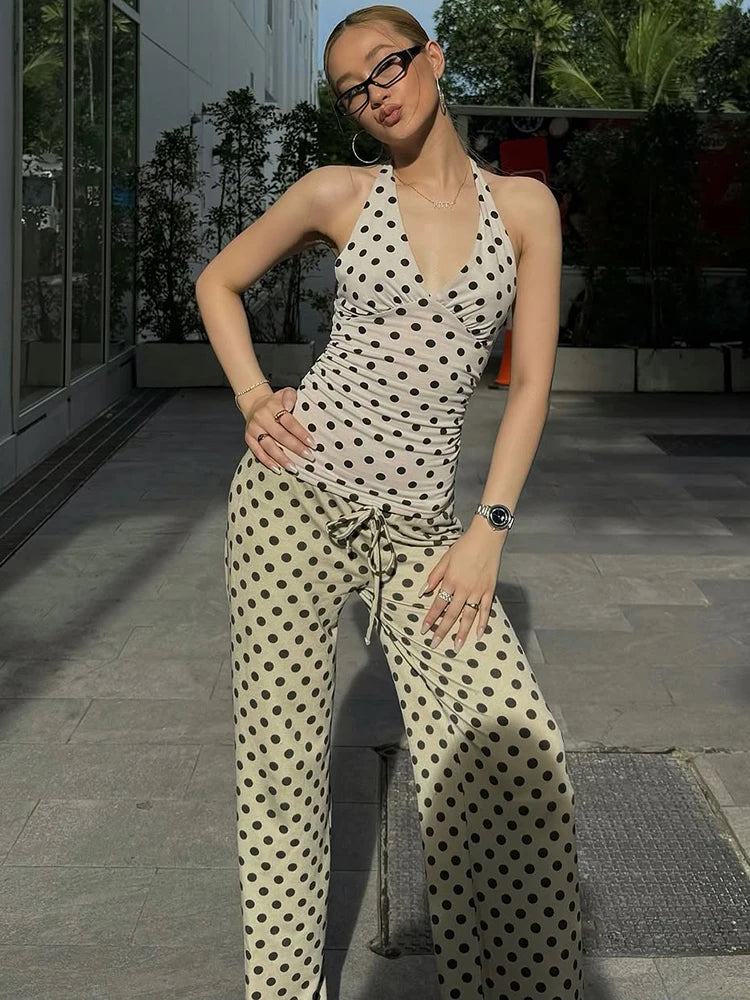 Women's Polka Dot Halter Tank Top – Lace-Up Backless V-Neck Skinny Y2K Streetwear Vest