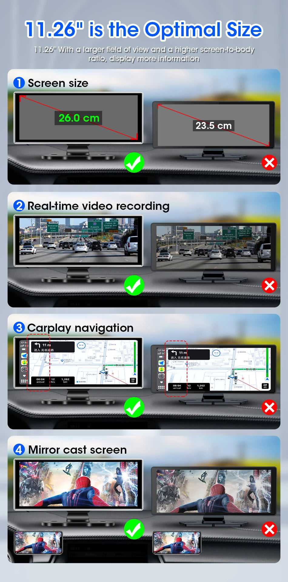 4K Dual-Lens Dash Cam with CarPlay & Android Auto