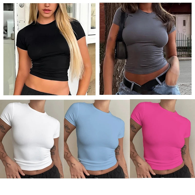 Woman Clothing Short Sleeve T-shirt Slim Fit Tops Female O-Neck Knitted Sheath Tee Shirt Street Wear Sex Sporty 2026 Y2K New2410