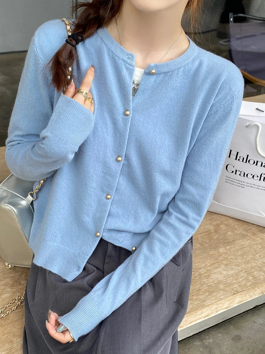 Women's Round Neck Knit Cardigan — Button Front