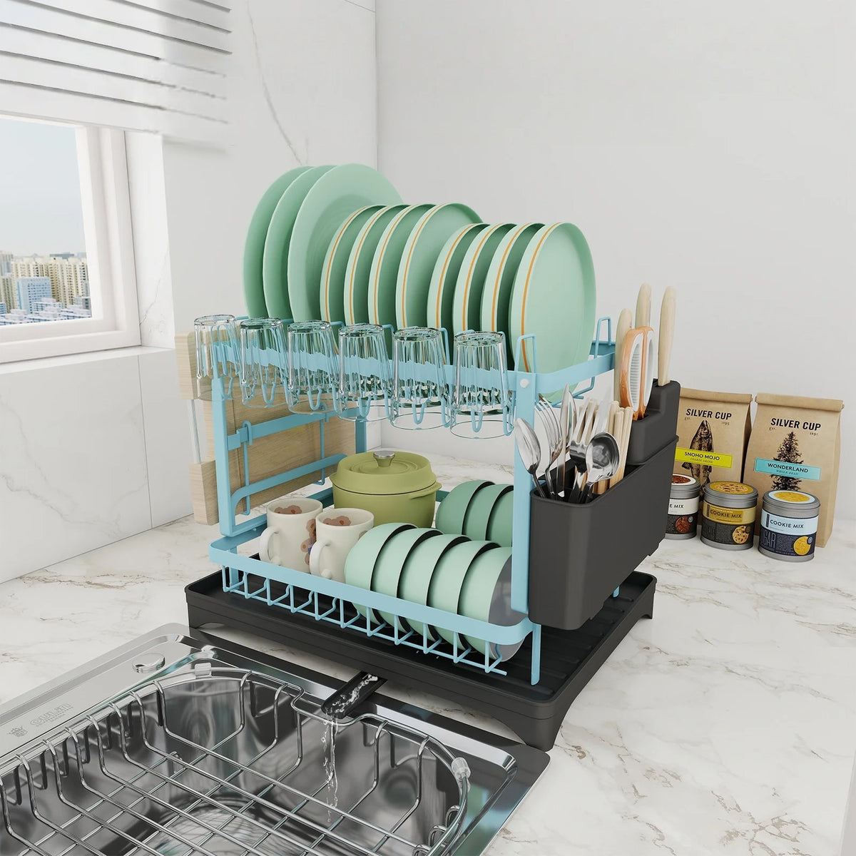 2-Tier Dish Drying Rack with Drainboard - Large Counter Organizer - photo 8