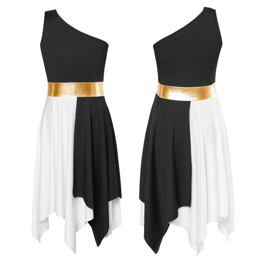 Girls contrast-color asymmetric praise dance gown