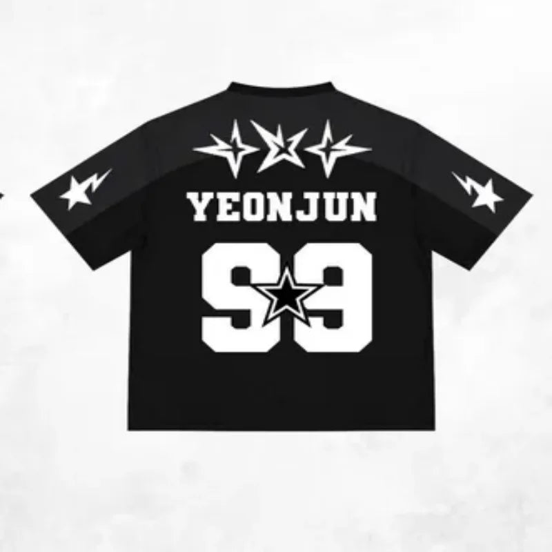Bandai TXT Jersey Style T-shirt, Black Star Printed Streetwear, Neutral Casual Short Sleeved T-shirt Suitable for K-pop Fans
