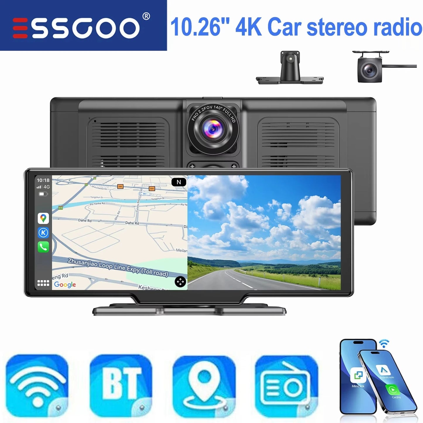 ESSGOO 10.26"4K 64G Portable Touch Screen Wireless Bluetooth Stereo CarPlay Android Auto Card Dual Lens Car Dash Cam FM AUX WIFI