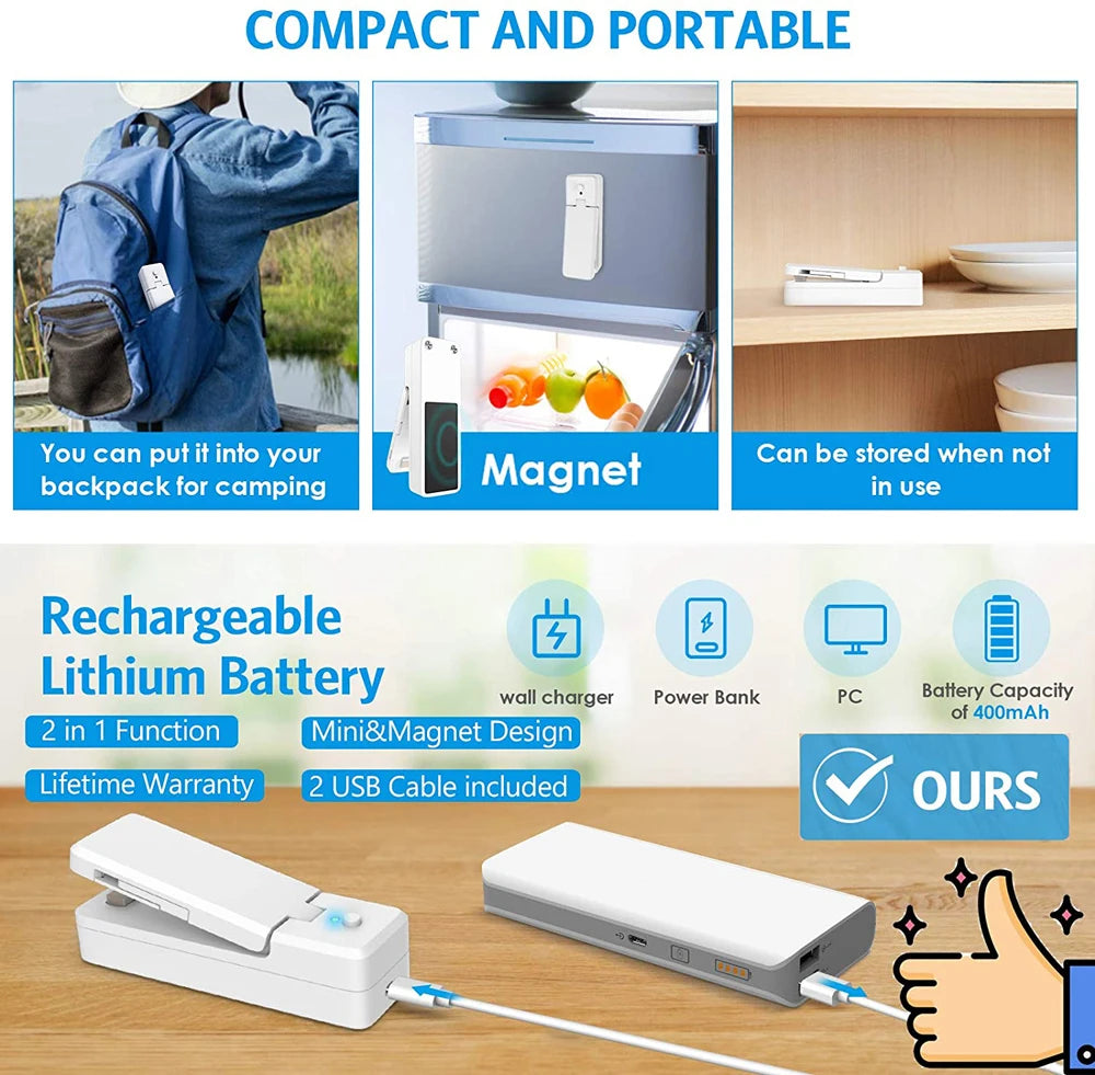 USB Mini Bag Sealer 2-in-1 Portable Heat Sealers Rechargeable Handheld Vacuum Heat Sealers &Cutter for Plastic Bag Storage Food
