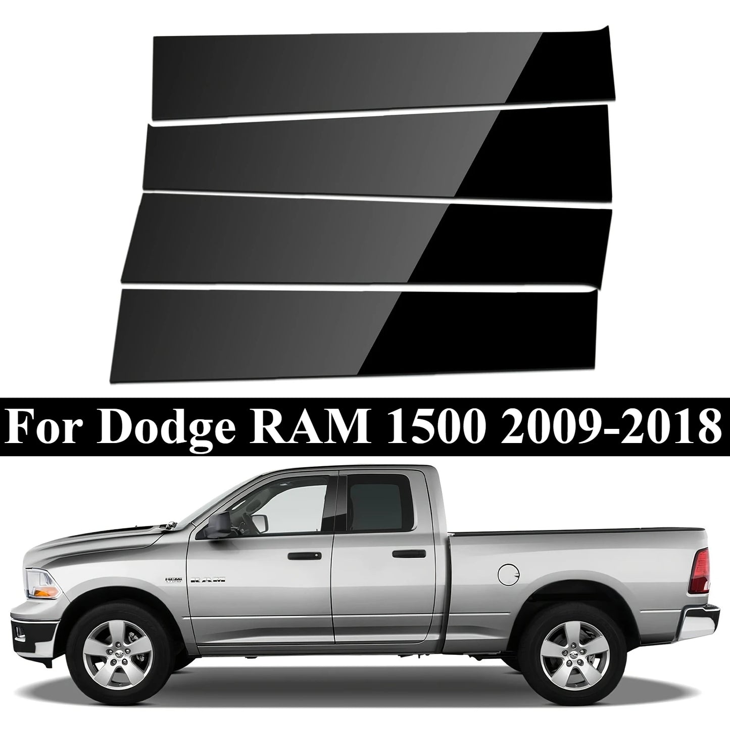 Gloss Black Pillar Post Window Trim Cover Set — Dodge RAM 1500 (2009-2018)
