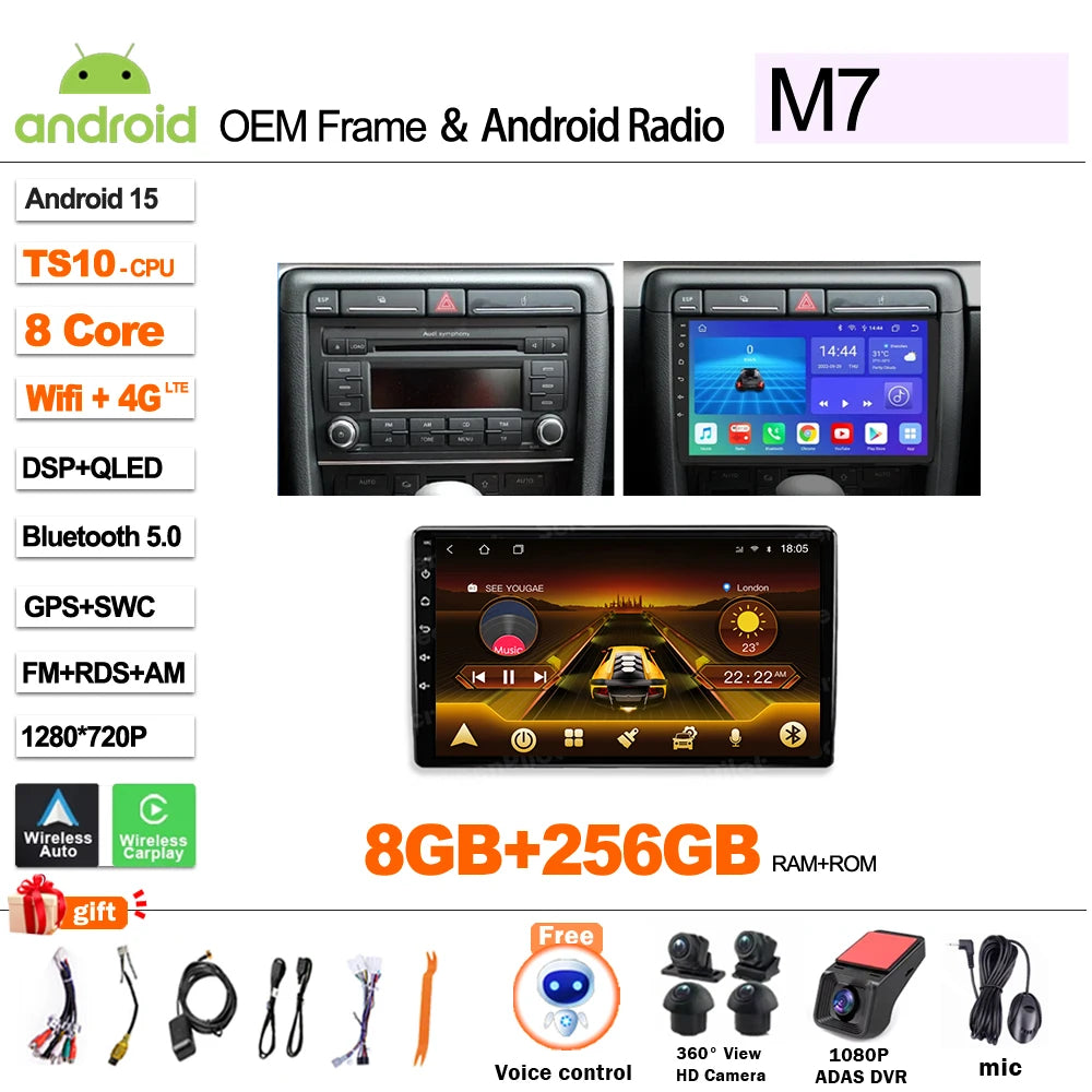 Android Car Stereo for Audi A4 B6 B7, S4, RS4 & Seat Exeo (2002–2009) — CarPlay, Bluetooth, 2-DIN