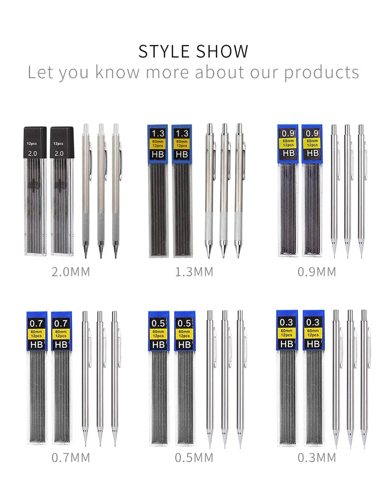 Full Metal Mechanical Pencil Set 0.3 0.5 0.7 0.9 1.3 2.0mm HB Automatic Pencil With Leads,for Art Drawing Writing Sketchin
