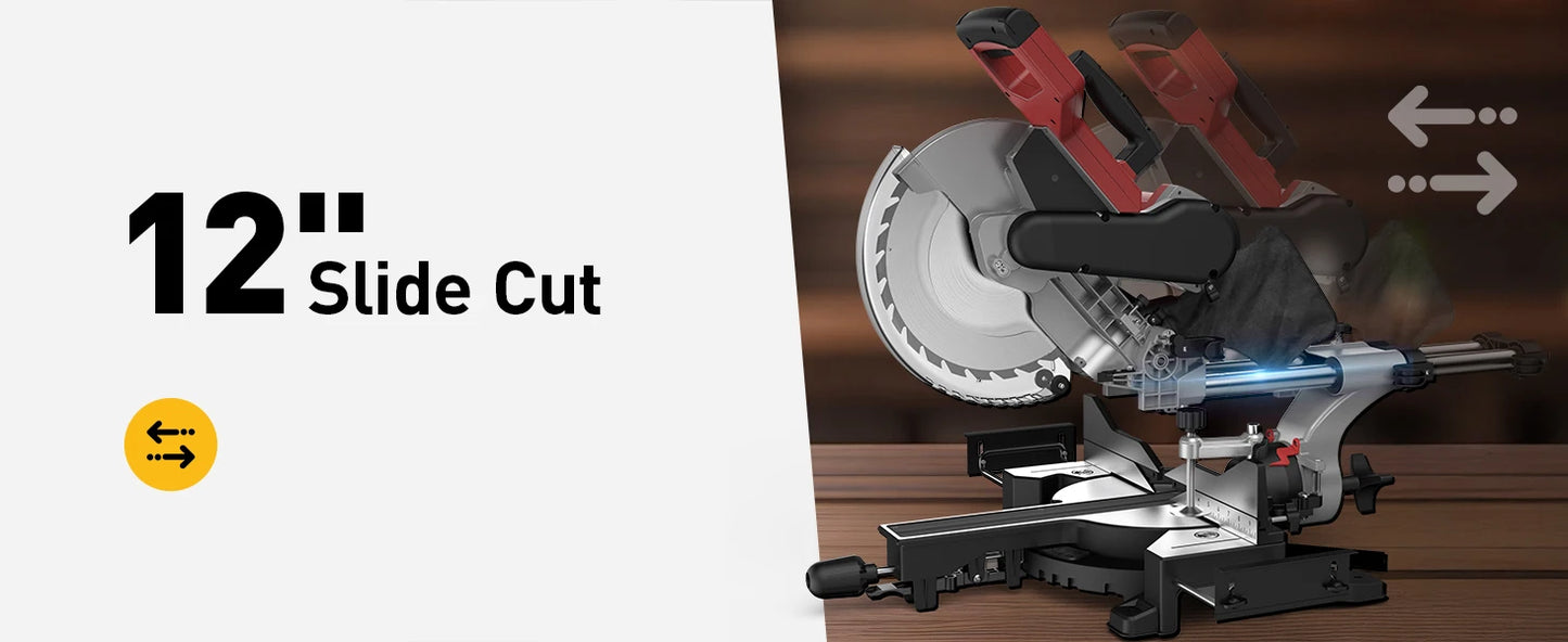 10/12 Inch Sliding Compound Miter Saw – 15 Amp, 5000RPM, 0-45° Dual-Bevel Precision Cutting Power Saw