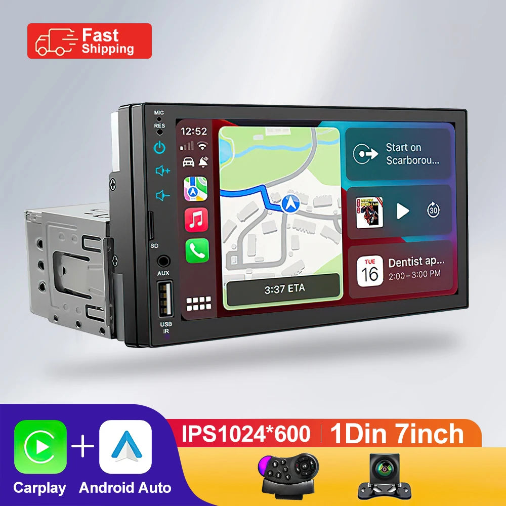 7" IPS 1-DIN Car Stereo — CarPlay, Android Auto, FM Receiver, HD Touchscreen