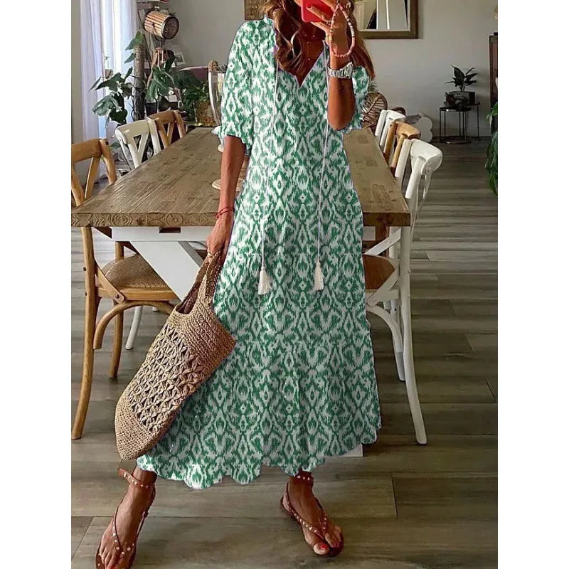 2026 Women Vintage Print Bohemian Dress Summer Fashion V Neck Half Sleeves Long Dresses Female Casual Holiday Beach Dresses