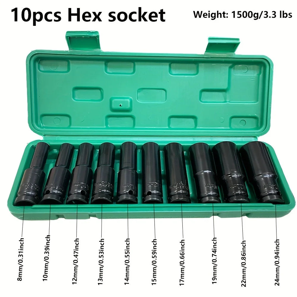 10-Piece Impact Wrench Socket Adapter Set – 8–24mm 1/2" Power Tool Sockets for Auto Repair
