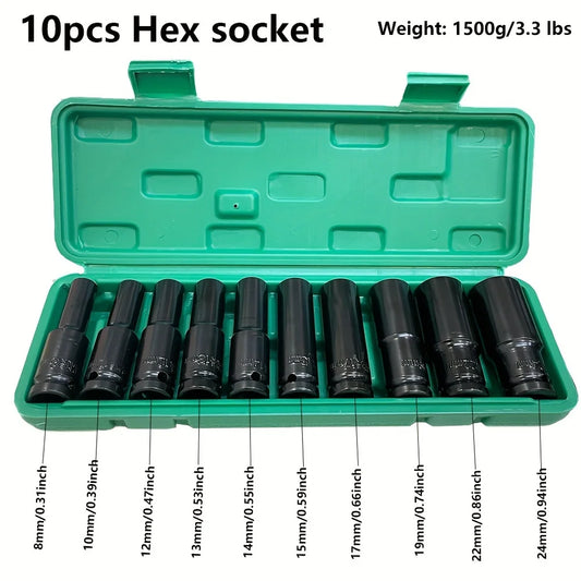 10-Piece Impact Wrench Socket Adapter Set – 8–24mm 1/2" Power Tool Sockets for Auto Repair