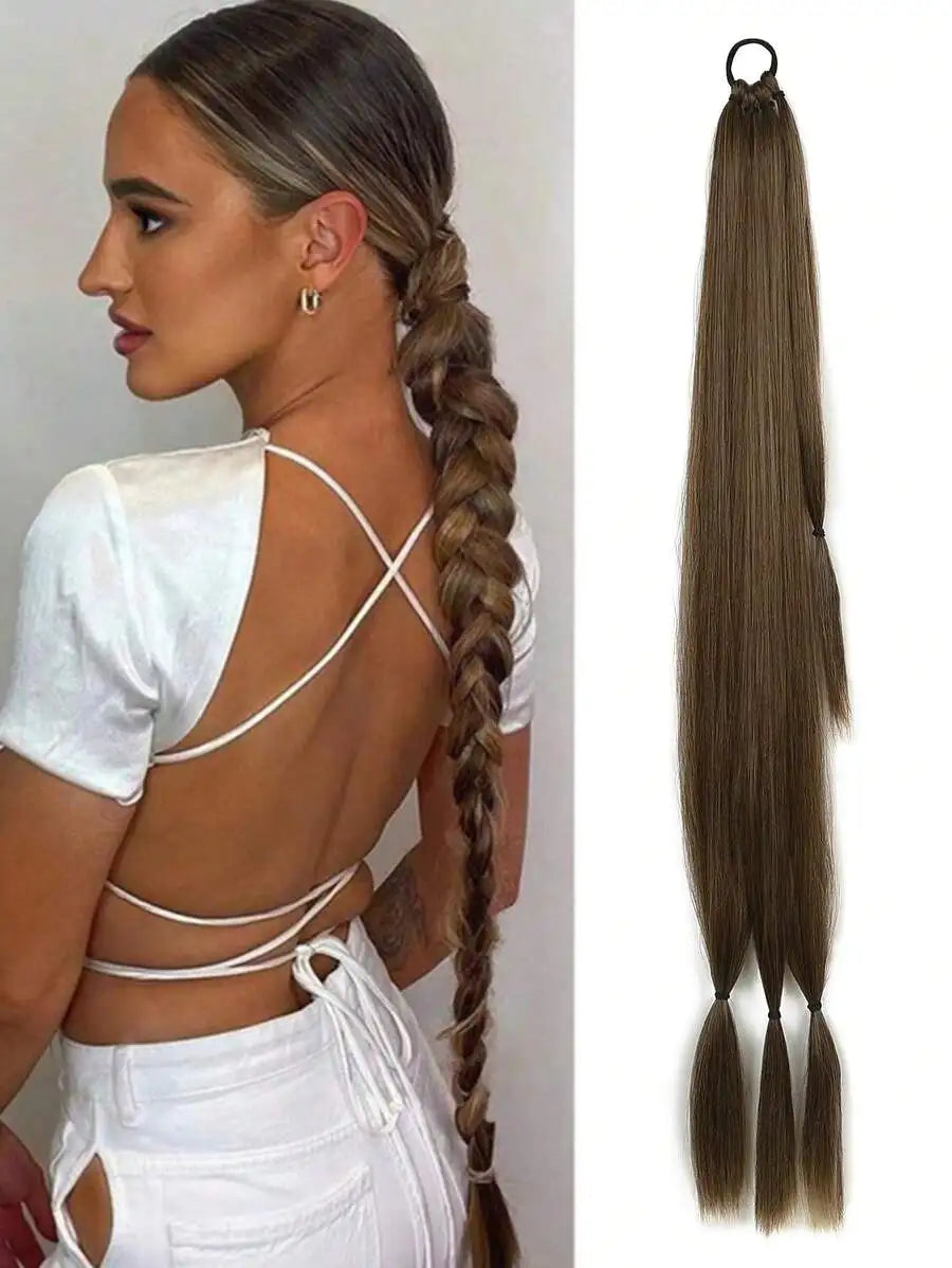 Long Braided Ponytail Hair Extensions With Hair Tie, Straight Wrap-Around Synthetic Hair, Natural Soft