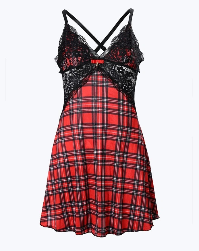 Womens Dresses 2026 Summer Plaid Print Crisscross Backless Sleep Dress Contrast Lace Plunge Sleeveless Nightgown Sleepwear