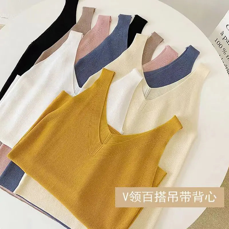 Plus Knit Tank Top V-Neck Ice Silk Sleeveless 2026 Summer Clothing Vests for Women Korean Fashion Loose Elegant Casual Cami Top