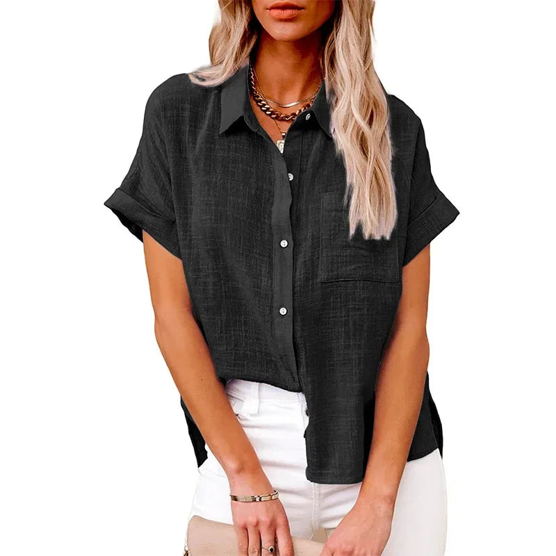 Women's Cotton-Linen Blouse — Loose Short-Sleeve Casual Summer Top