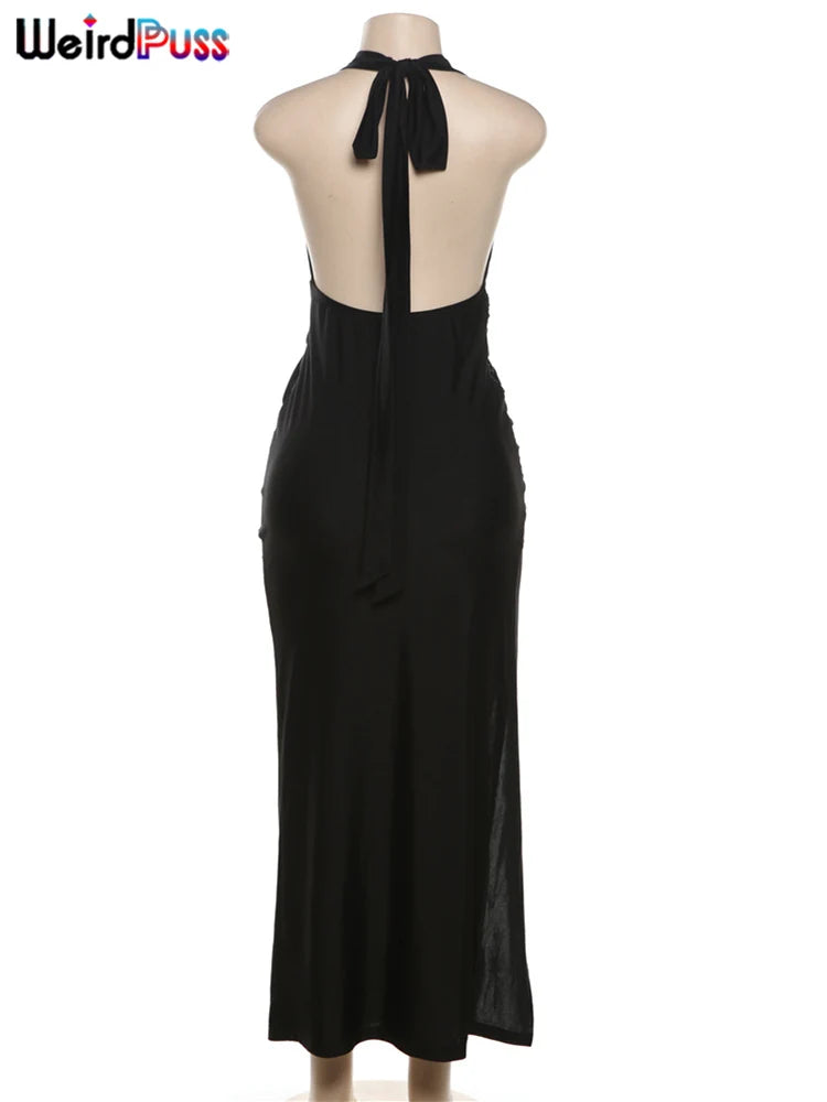 Weird Puss Halter Backless Dress Women Summer Trend Elegant Side Split Deep V-Neck Long Bodycon Midnight Party Ruched Vestidos