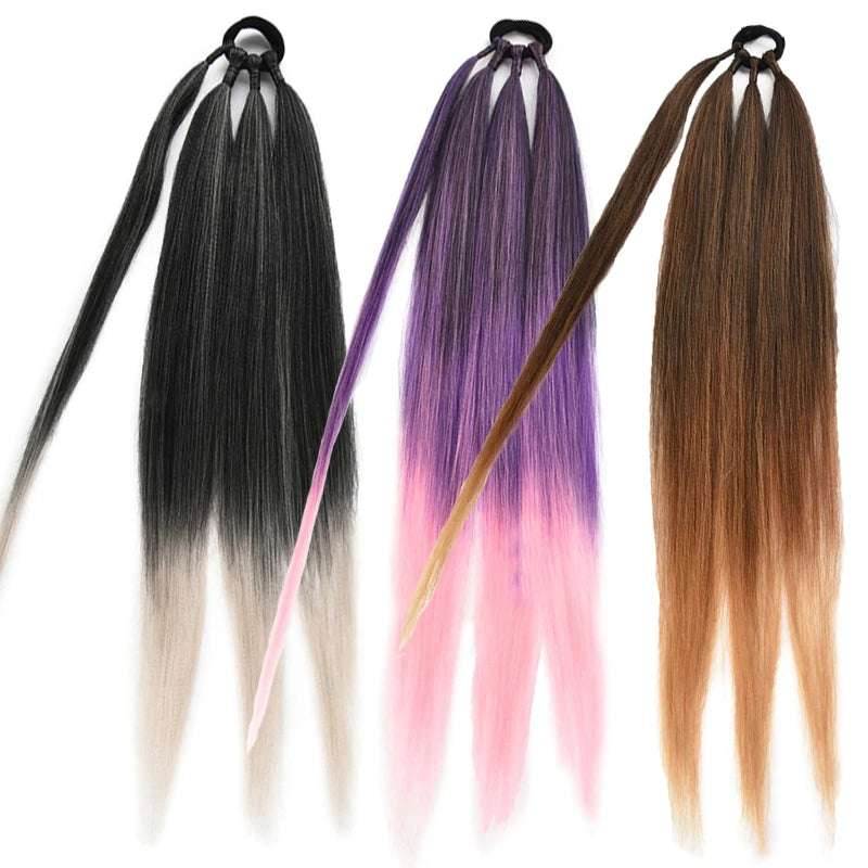 Boxing Braids Ponytail Extensions Synthetic Wrap Around Ponytail With Rubber Band Hair Ring DIY 26 Inch Ombre Black Brown Grey