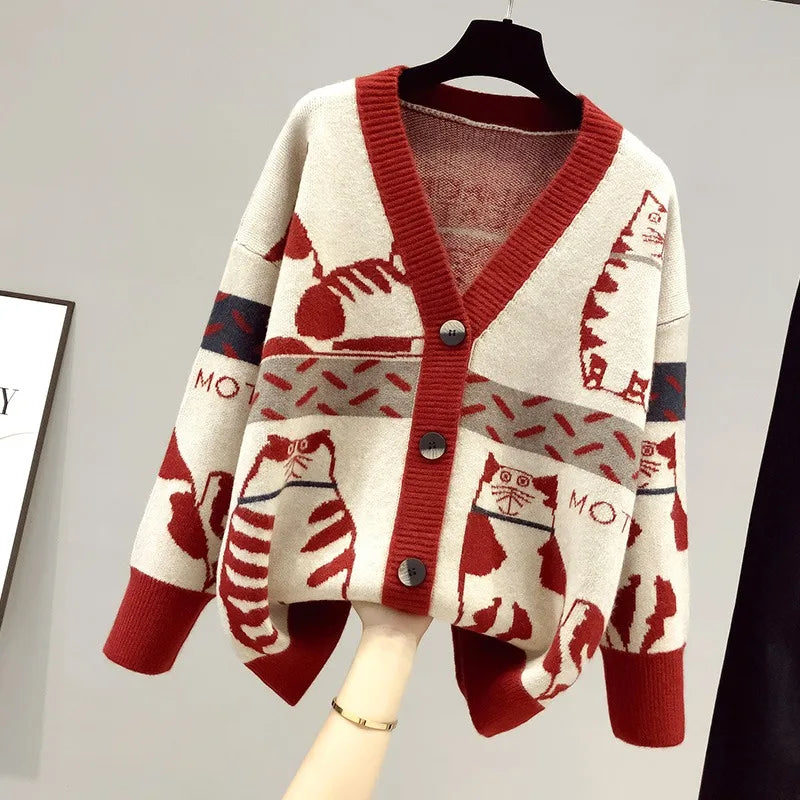 Women Cardigan Sweater Spring Autumn Long Sleeve V-Neck Wild Knitted Jacket Female Cartoon Printing Thick Sweater Cardigan Coat