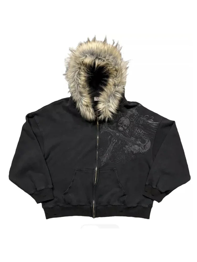 Women's Faux Fur Collar Zip-Up Hoodie, Gothic Streetwear