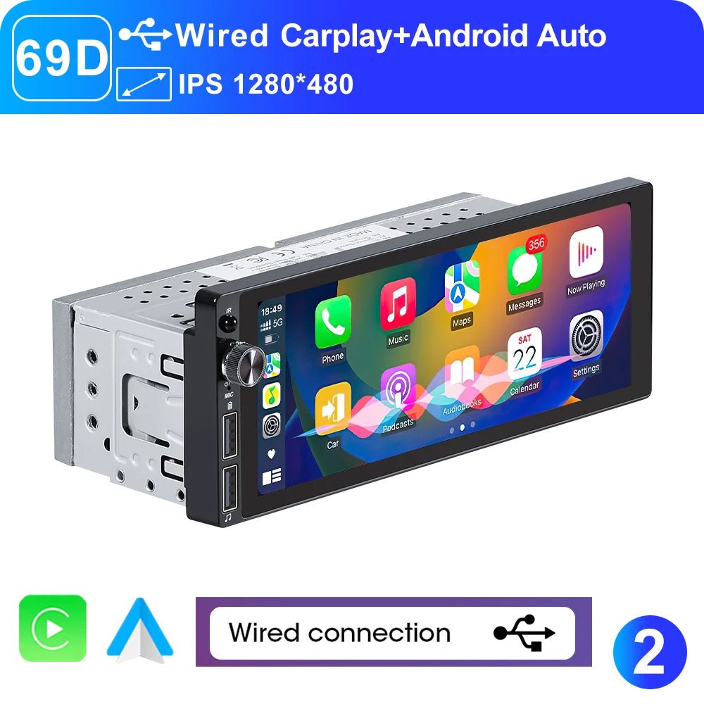 6.9" 1 DIN Universal IPS Car Stereo with Apple CarPlay & Android Auto