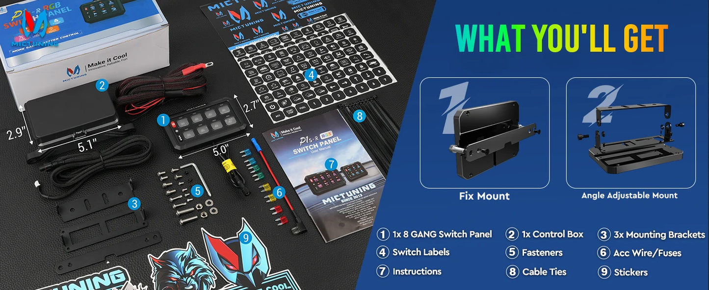 MICTUNING P1S-R 6/8 Gang Switch Panel RGB Colors Adjustable Brightness Switch Momentary Circuit Control Relay System Box For SUV