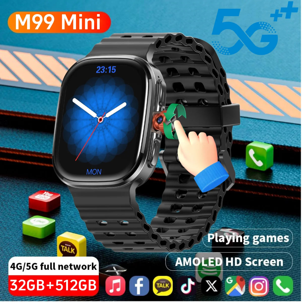 M99 Mini New Package 2.29inch Amoled Smartwatch 5G LTE Android 13.0 Smart Watch With Touch ID Fingerprint unlock GPS WIFI Sim