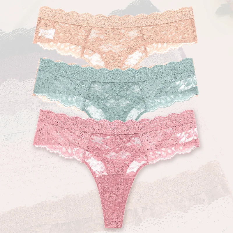 3-Pack Floral Lace Thongs – Soft Low-Rise Seamless Panties