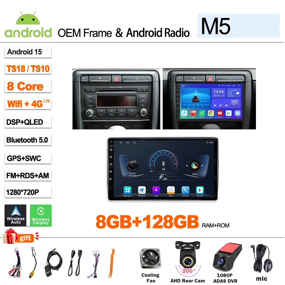 Android Car Stereo for Audi A4 B6 B7, S4, RS4 & Seat Exeo (2002–2009) — CarPlay, Bluetooth, 2-DIN