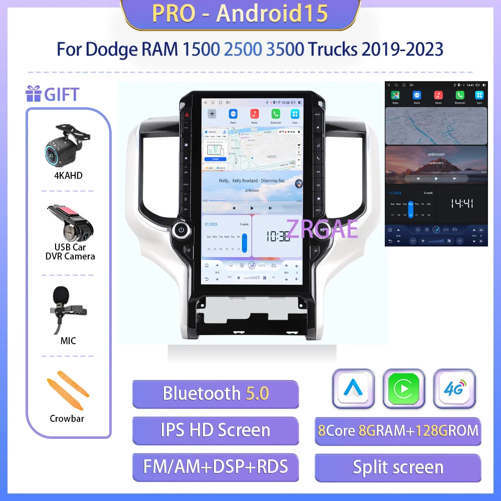 Android 15 Car Radio for Dodge Ram 1500/2500/3500 2019-2023 - 14.5" Tesla-Style Screen