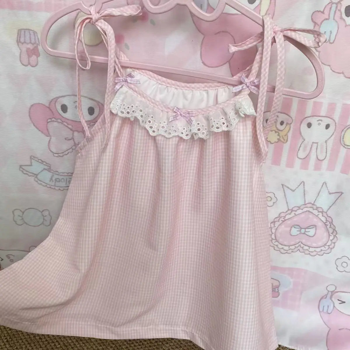 Women's Sweet Kawaii Lace Bow Camisole – Pink Stripe Off Shoulder Japanese Chic Vest Top