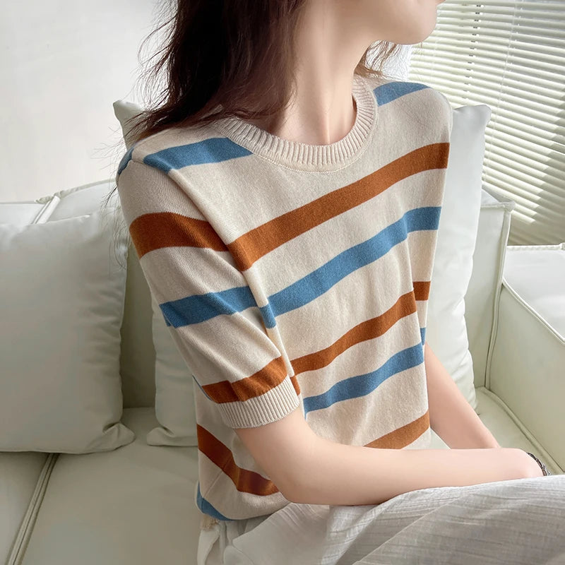 Women's Striped Knit T-Shirt — 100% Cotton Round-Neck Loose Pullover Top